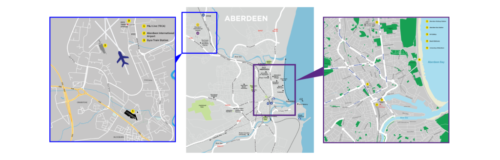 Map of Aberdeen city including key locations.